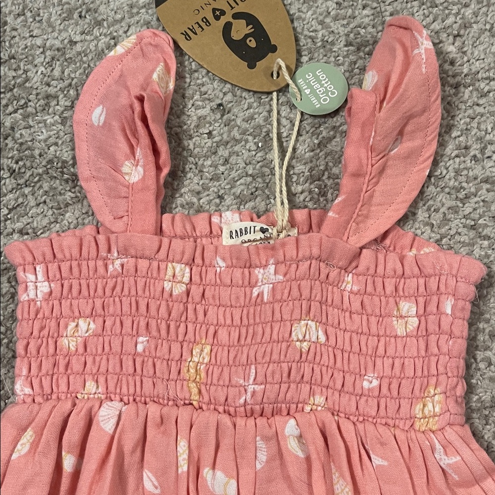 Coral Pink Baby Dress & Bonnet Set with Seashell Print